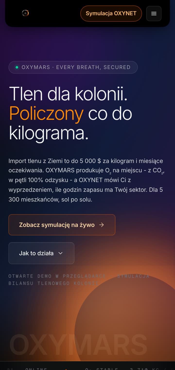 Ta sama strona OXYMARS na ekranie telefonu: skrócony pasek z logo, przyciskiem Symulacja OXYNET i menu pod hamburgerem, ten sam nagłówek złamany na trzy wiersze, akapit pod nim zamiast obok niego, a oba wezwania do działania ustawione jedno pod drugim na całą szerokość ekranu.